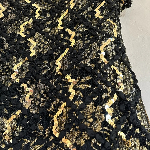 Vintage 80s Sequin Evening Dress Black Gold Floral Lace Size Small Formal - Picture 7 of 14